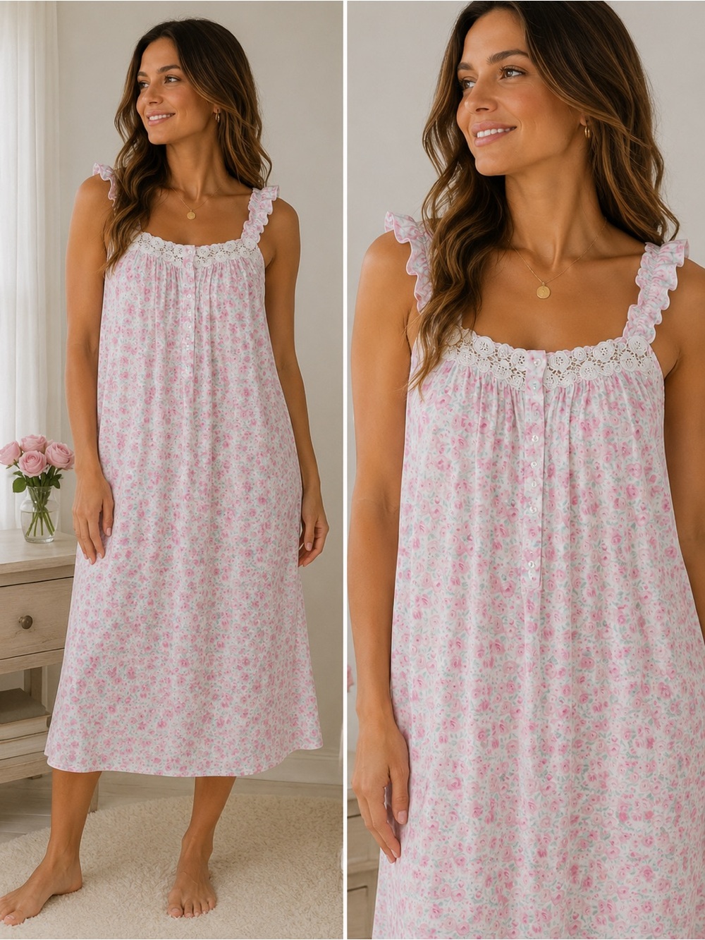 Eileen West Pink Floral Cotton Nightgown with Lace Trim